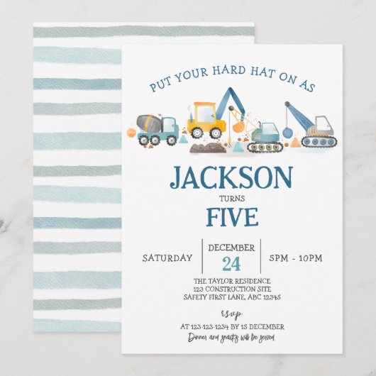 建設作業機の少年誕生日パーティー 招待状 (正面/裏面)