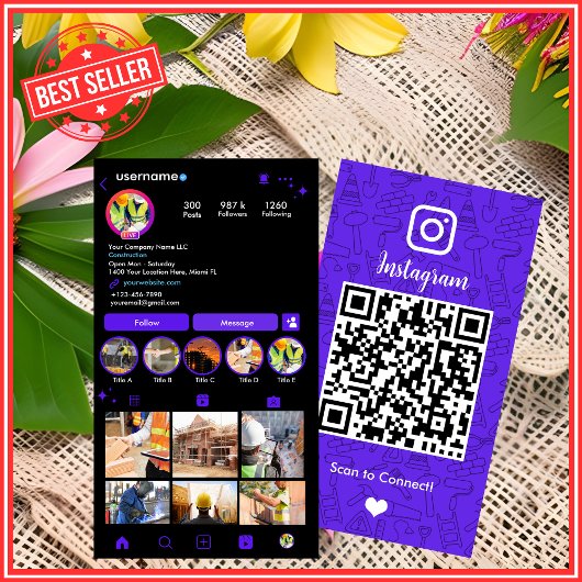 建設工事InstagramバイオレットQRコード 名刺