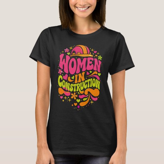 建設業界の女性を讃えるレトロなエンパワーメント Tシャツ (正面)