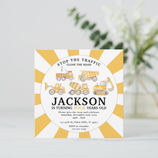 建設現場のトラックの誕生日の招待状 招待状 (スタンド正面)