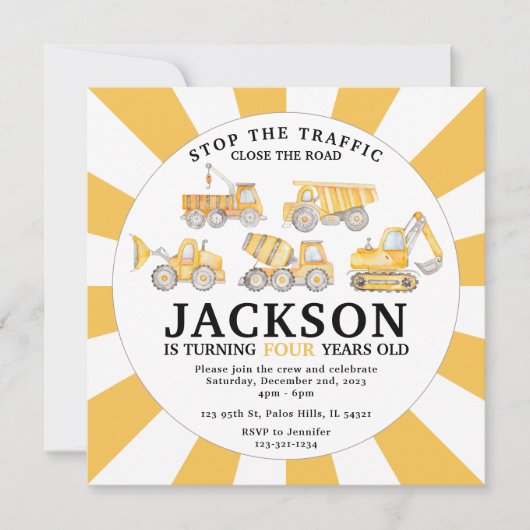 建設現場のトラックの誕生日の招待状 招待状 (正面)
