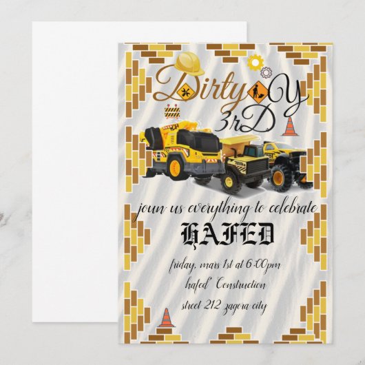 建設現場, パーティー 建設 お誕生日 招待状 (正面/裏面)