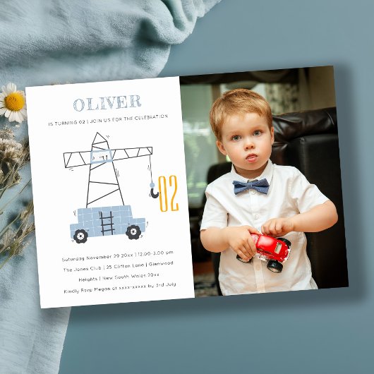 建設用クレーンの写真を使った、どんな年齢の誕生日にもぴったりな招待状 サンキューカード