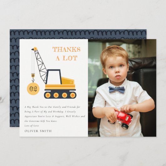 建設用クレーン車の写真 誕生日パーティー いつでも サンキューカード (正面/裏面)