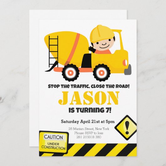 建設用ダンプトラックの子供の誕生日パーティー 招待状 (正面/裏面)