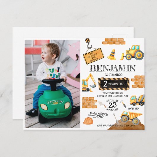建設用ダンプトラック 1歳の誕生日パーティー ポストカード (正面/裏面)