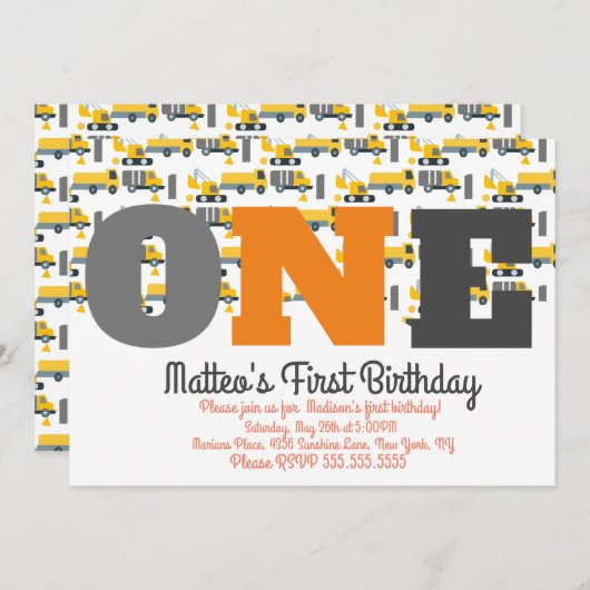 建設車両の誕生日ダンプ ビッグワン 招待状 (正面/裏面)