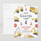 建設車両の誕生日パーティー招待状 ポストカード (正面/裏面)