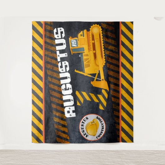 建設車両|ブラック＆イエロー| 1歳の誕生日 タペストリー (正面)