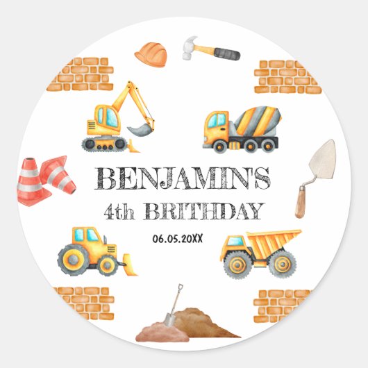建設車両 男の子の誕生日パーティー ラウンドシール (正面)