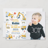 建設黄色ダンプトラックショベル男子誕生日 招待状 (正面)