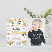 建設黄色ダンプトラックショベル男子誕生日 招待状 (スタンド正面)