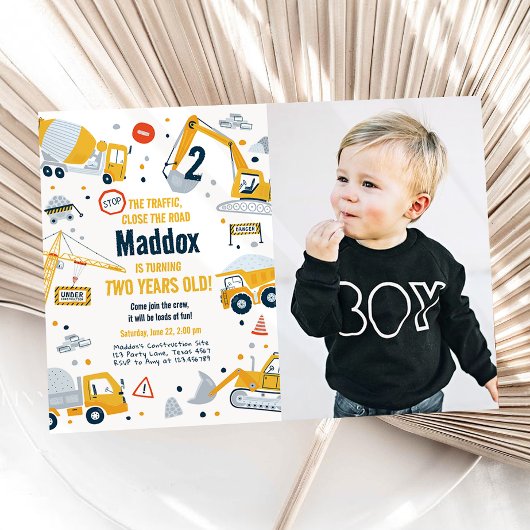 建設黄色ダンプトラックショベル男子誕生日 招待状
