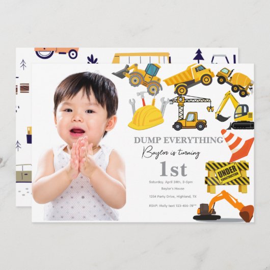 建設1歳の誕生日招待状 | トラック 招待状 (正面/裏面)