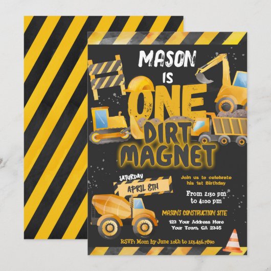 建設・ダンプトラック 1歳誕生日 招待状 (正面/裏面)