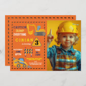 建設・建物・ショベルカーのトラックの誕生日パーティー 招待状 (正面/裏面)