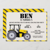 建設 誕生日パーティー トラクター 黄色 灰色 招待状 (正面/裏面)
