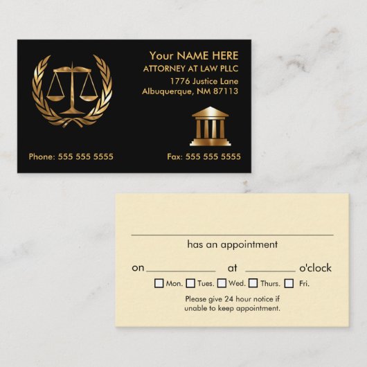 弁護士の黒および金ゴールドのアポイントメント 名刺 (正面/裏面)