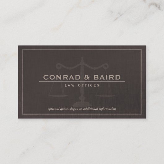 弁護士ジャスティスはかりで測ダークブラウンリネンルック 名刺 (正面)