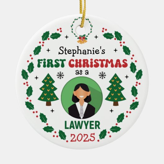 弁護士パーソナライズされた初めてのクリスマスツリーラウンド セラミックオーナメント (正面)