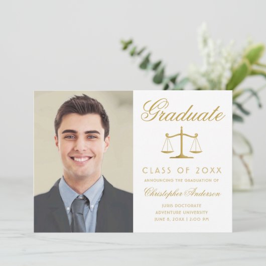 弁護士ホワイト金ゴールドスクリプト写真卒業 案内状 (スタンド正面)