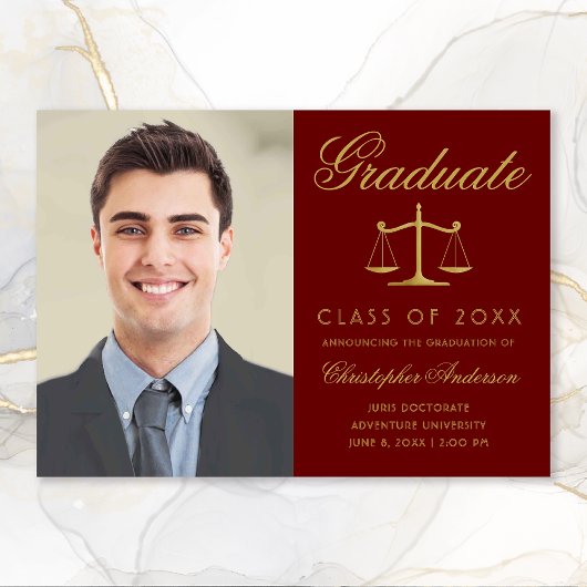 弁護士マルーン金ゴールドスクリプト写真卒業 案内状