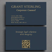 弁護士企業のネイビーブルー金ゴールドQRコード 名刺