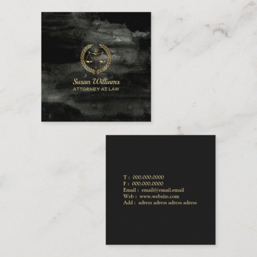 弁護士弁護士アクアレルブラックアンド金ゴールド スクエア名刺 (正面/裏面)