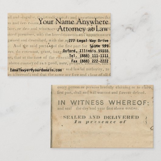 弁護士素朴カード1860の法的文書Ephemera 名刺 (正面/裏面)