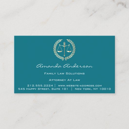 弁護士金ゴールドスケール弁護士カスタムティール（緑がかった色）ブルー 名刺 (正面)