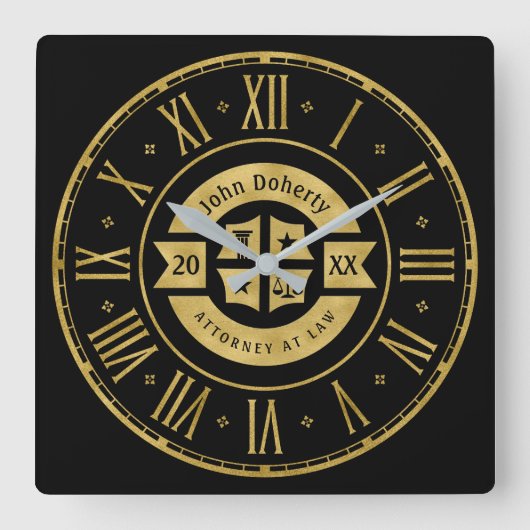 弁護士20XX弁護士 |黒エレガント金ゴールド スクエア壁時計 (正面)