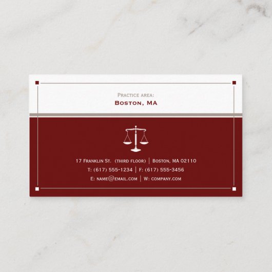 弁護士 |はかりで測ダークレッドの司法法 名刺 (裏面)