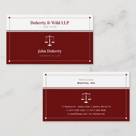 弁護士 |はかりで測ダークレッドの司法法 名刺 (正面/裏面)