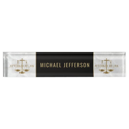 弁護士-白い大理石、黒及び金ゴールド デスクネームプレート (正面)