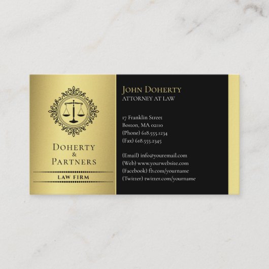 弁護士 |黒エレガントはかりで測金ゴールド 名刺 (正面)
