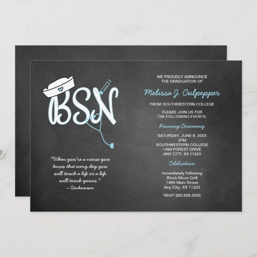 式の招待をピンで止めているBSNの卒業のナース 招待状 (正面/裏面)