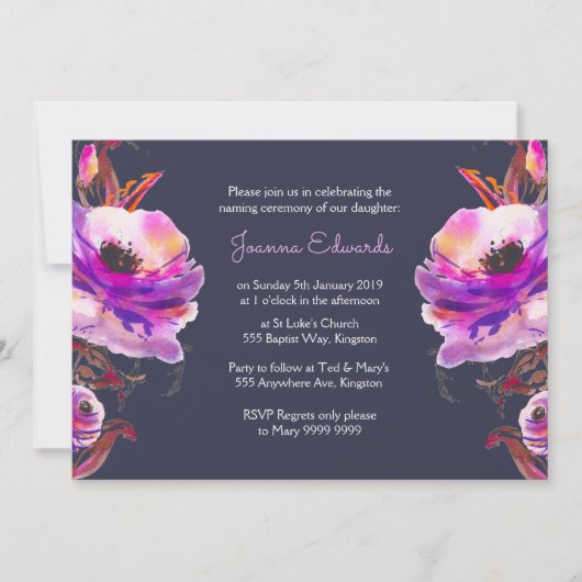 式の招待を示しているすみれ色の水彩画のケシ 招待状 (正面)