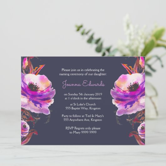 式の招待を示しているすみれ色の水彩画のケシ 招待状 (スタンド正面)