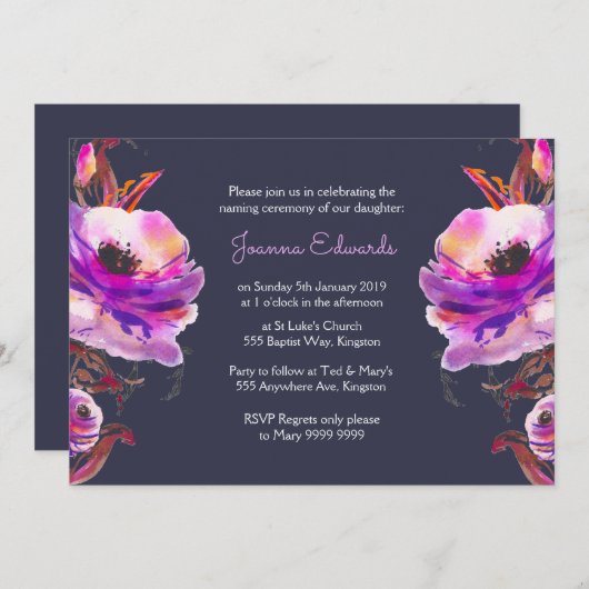 式の招待を示しているすみれ色の水彩画のケシ 招待状 (正面/裏面)
