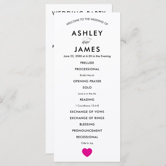 式の明るい赤紫色のハートのためのモダンな結婚式プログラム プログラム (正面/裏面)