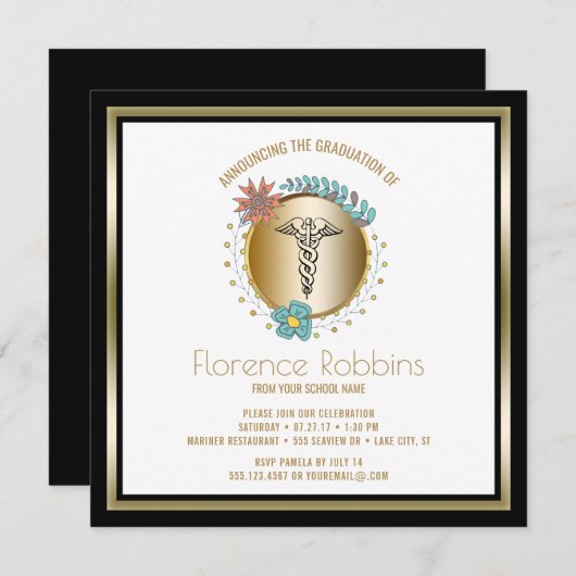 式をピンで止めるRNのナースの卒業パーティーの花柄 招待状 (正面/裏面)