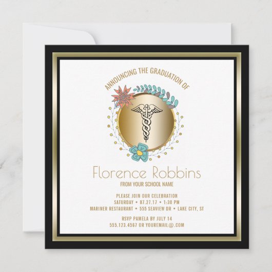 式をピンで止めるRNのナースの卒業パーティーの花柄 招待状 (正面)