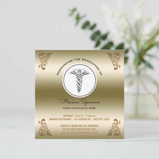 式をピンで止めるRNのナースの卒業パーティー|の金ゴールド 招待状 (スタンド正面)