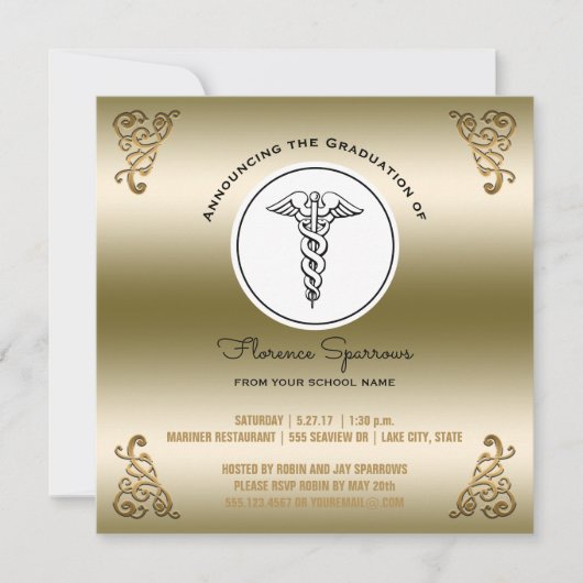 式をピンで止めるRNのナースの卒業パーティー|の金ゴールド 招待状 (正面)