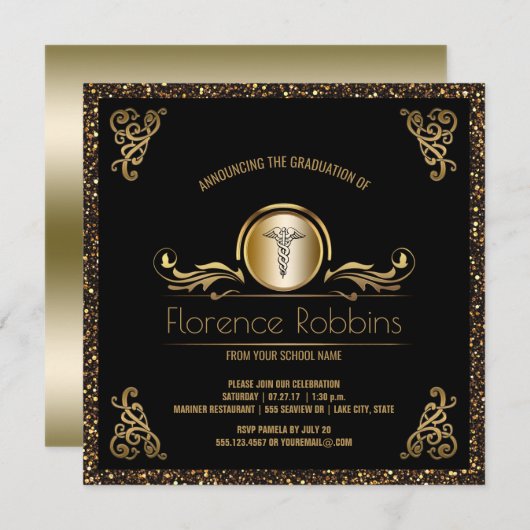 式をピンで止めるRNのナースの卒業パーティー|の金ゴールド 招待状 (正面/裏面)