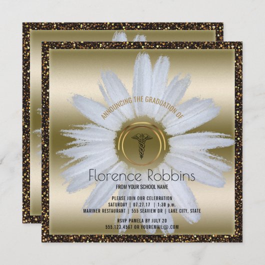 式をピンで止めるRNのナースの卒業|のデイジーの金ゴールド 招待状 (正面/裏面)