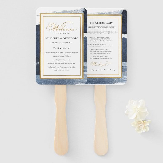 式典プログラム |ネイビー結婚ブルーの抽象芸術 ハンドファン (正面&裏面)