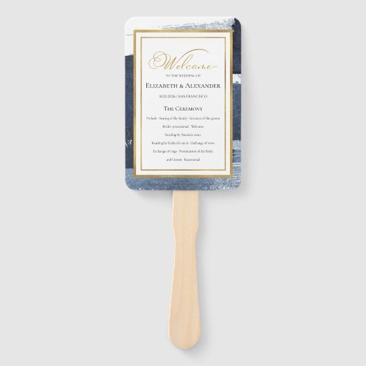 式典プログラム |ネイビー結婚ブルーの抽象芸術 ハンドファン (正面)