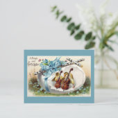 弓およびチェロのヴィンテージのイースターエッグを持つひよこ シーズンポストカード (スタンド正面)