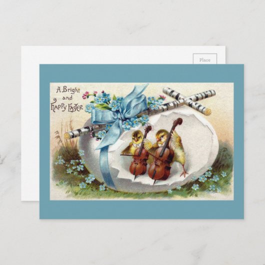 弓およびチェロのヴィンテージのイースターエッグを持つひよこ シーズンポストカード (正面/裏面)